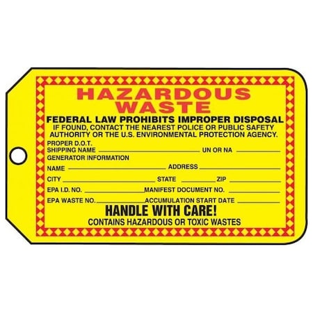 Accuform Safety Tags, HAZARDOUS WASTE, 5.75in x 3.25in, Self-Laminating RP-Plastic, 5PK THS325PTM